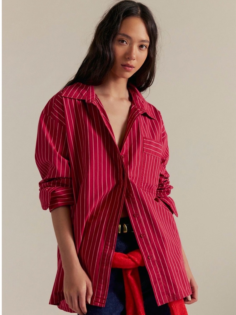 We the free Hallie French cuff Striped Red Button-Up Shirt - Women's Relaxed Fit